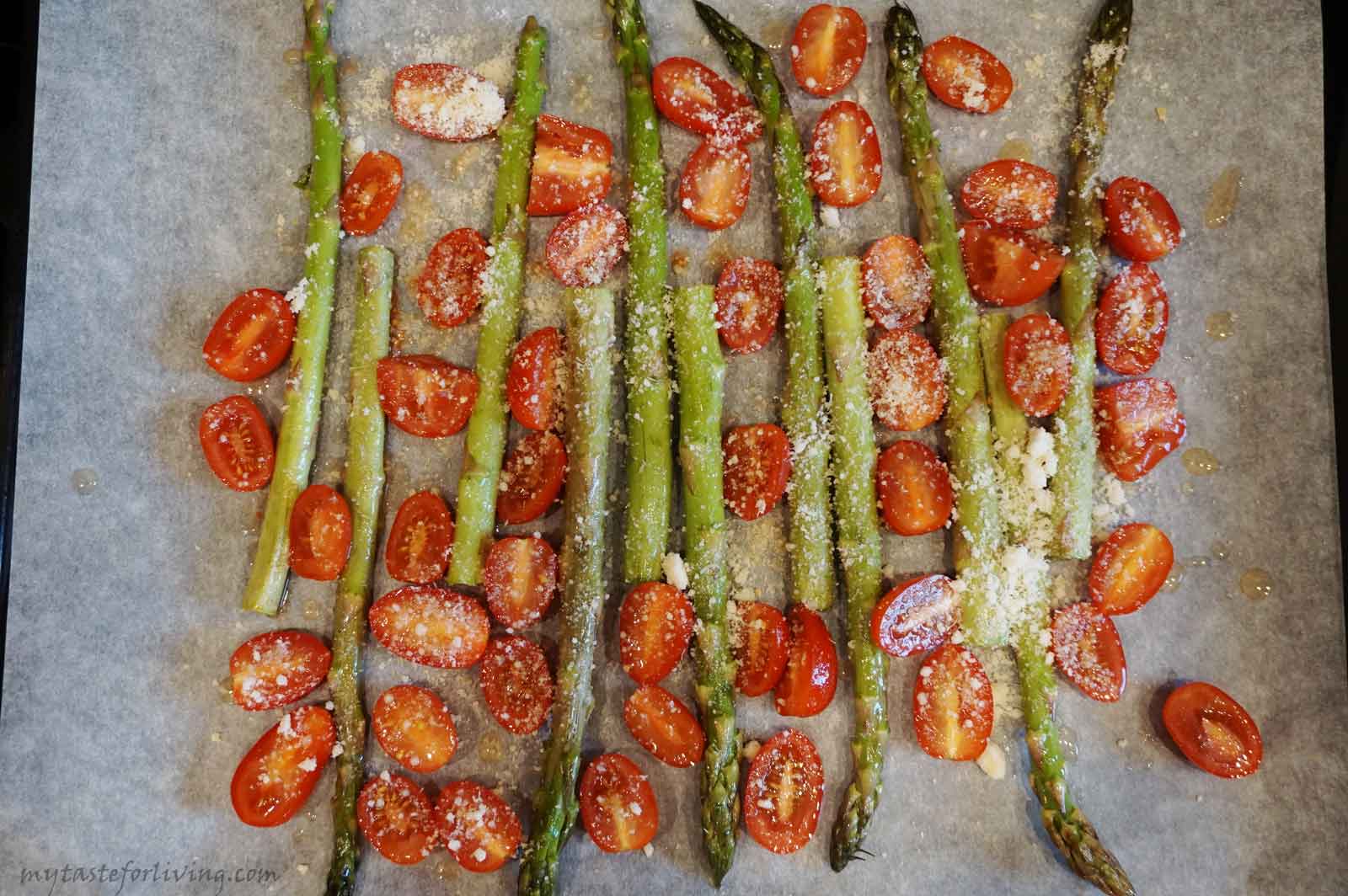 Baking asparagus is super easy and fast! I have been planning to share this recipe with you for a long time. You can serve the roasted asparagus with cherry tomatoes as a main dish or side dish. And if you grate cheese on top of them, you will lick your fingers. 