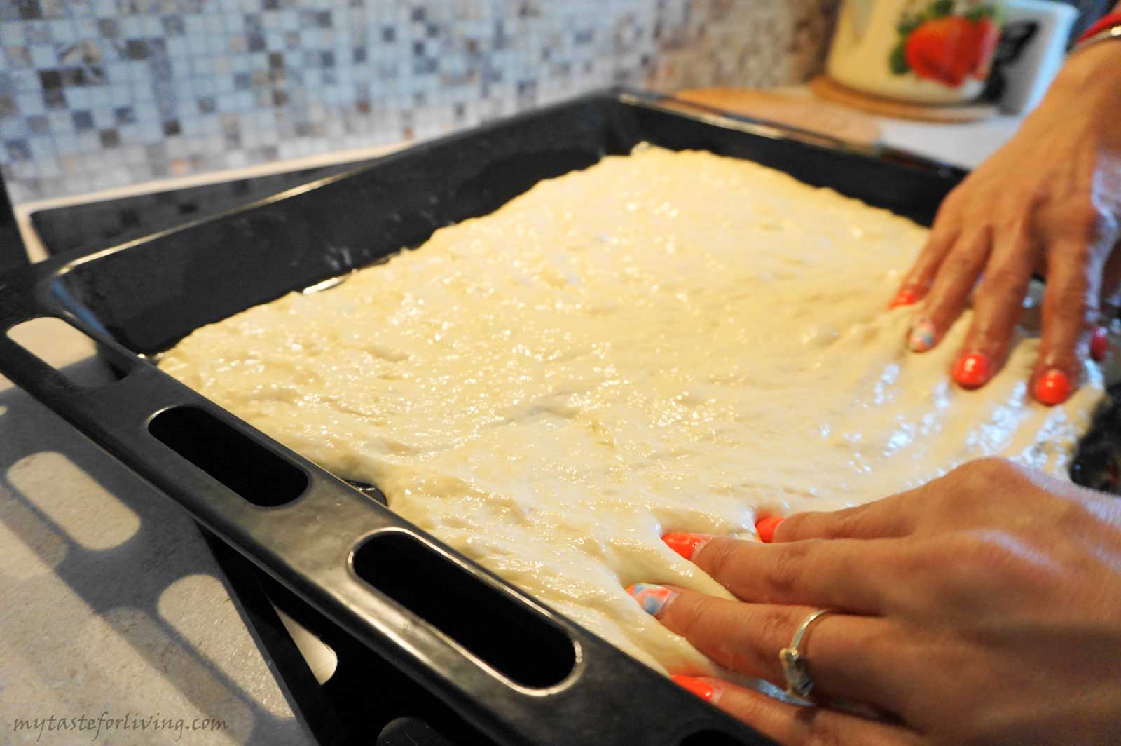 No knead garlic focaccia, which is super easy to prepare.