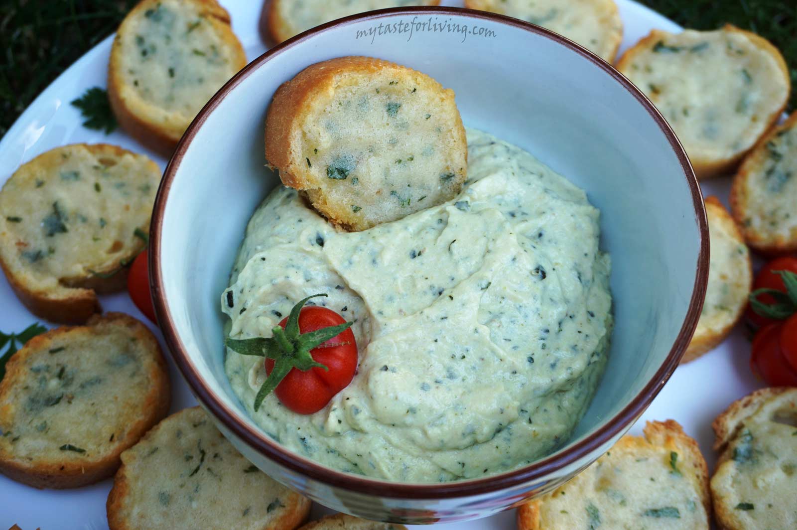 Appetizing dip made from roasted zucchini, tahini, sour cream, garlic and olive oil.