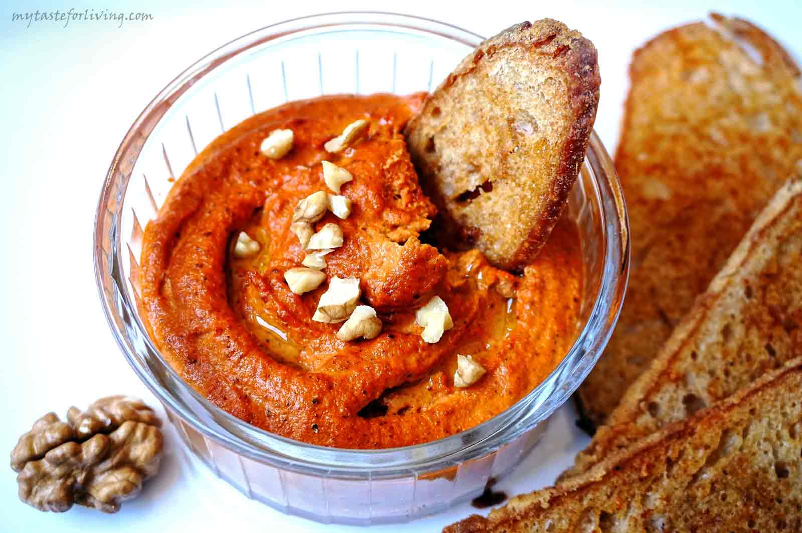 Extremely easy to make and delicious vegan dip of roasted red peppers and walnuts. 