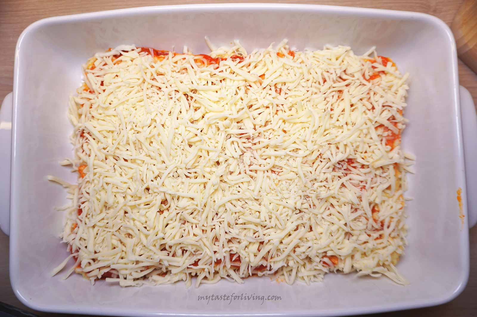 I love lasagna! And by preparing it in this way I managed to impress the children at home! For the preparation of the lasagna I use home made tomato sauce with basil, stewed zucchini, carrots and onions with parmesan and ricotta, lasagna noodles and grated mozzarella or yellow cheese.