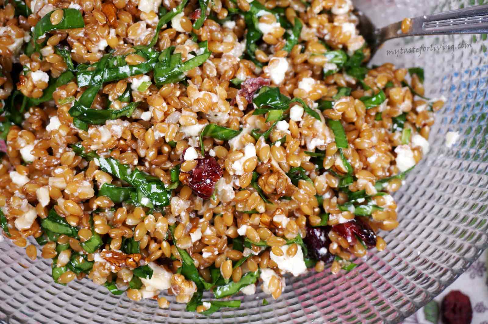 Salad with einkorn, spinach, cranberries and walnuts, flavoured with lemon juice, extra virgin olive oil, honey (or maple syrup), a little mustard and grated feta cheese. If you want the salad to be vegan, you can skip the cheese.