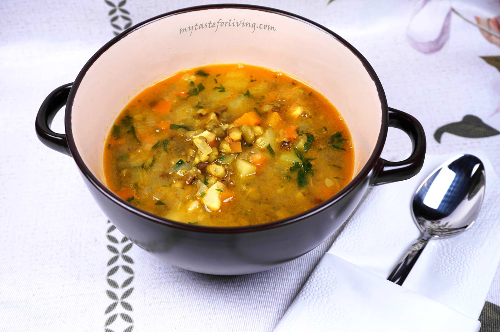 Mung bean stew prepared with creamy coconut milk and vegetables - zucchini, carrots, onions and garlic. This vegan healthy stew is easy to prepare and is full of vitamins and proteins.