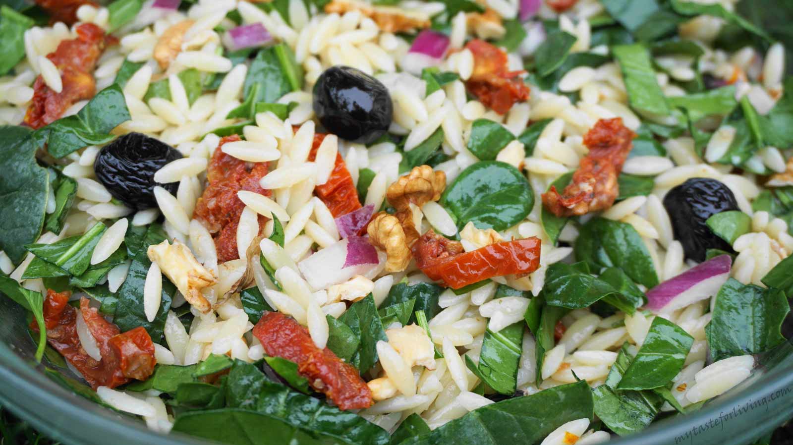 What is orzo and a recipe for a delicious and quick salad with orzo, spinach, sun dried tomatoes and walnuts, which I am sure will impress you.